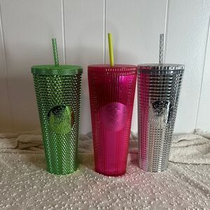 STARBUCKS 2023 Summer Magenta Pink Pleated Bling Venti 24 oz Cup Tumbler NWT
